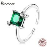 925 Sterling Silver Green Square Gemstone Open Ring