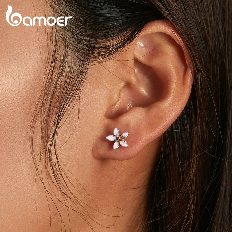 Genuine 925 Sterling Silver Elegant Pink Cherry Blossom Stud Earrings