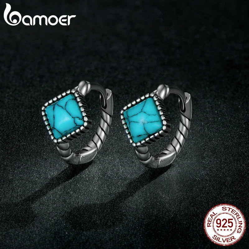 925 Sterling Silver Blue Square Turquoise Earrings