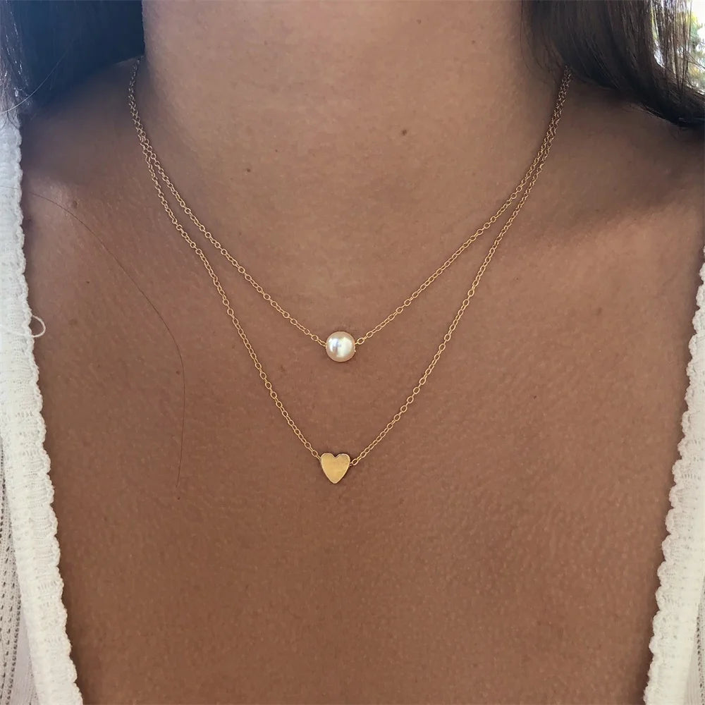 Sweet Double Layers Imitation Pearls Heart-shaped Pendant Necklace