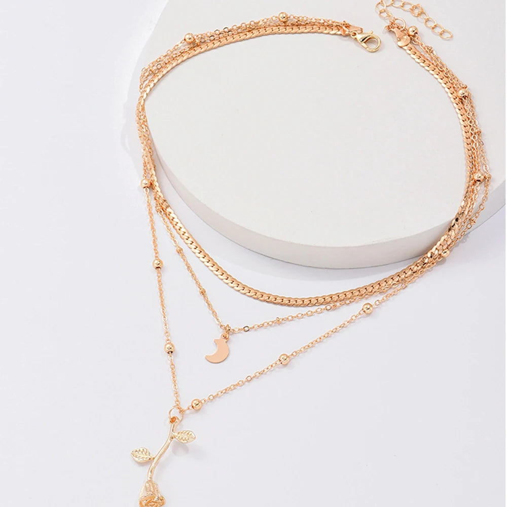 Bohemia Multilayer Moon Gold Color Pendant Necklace